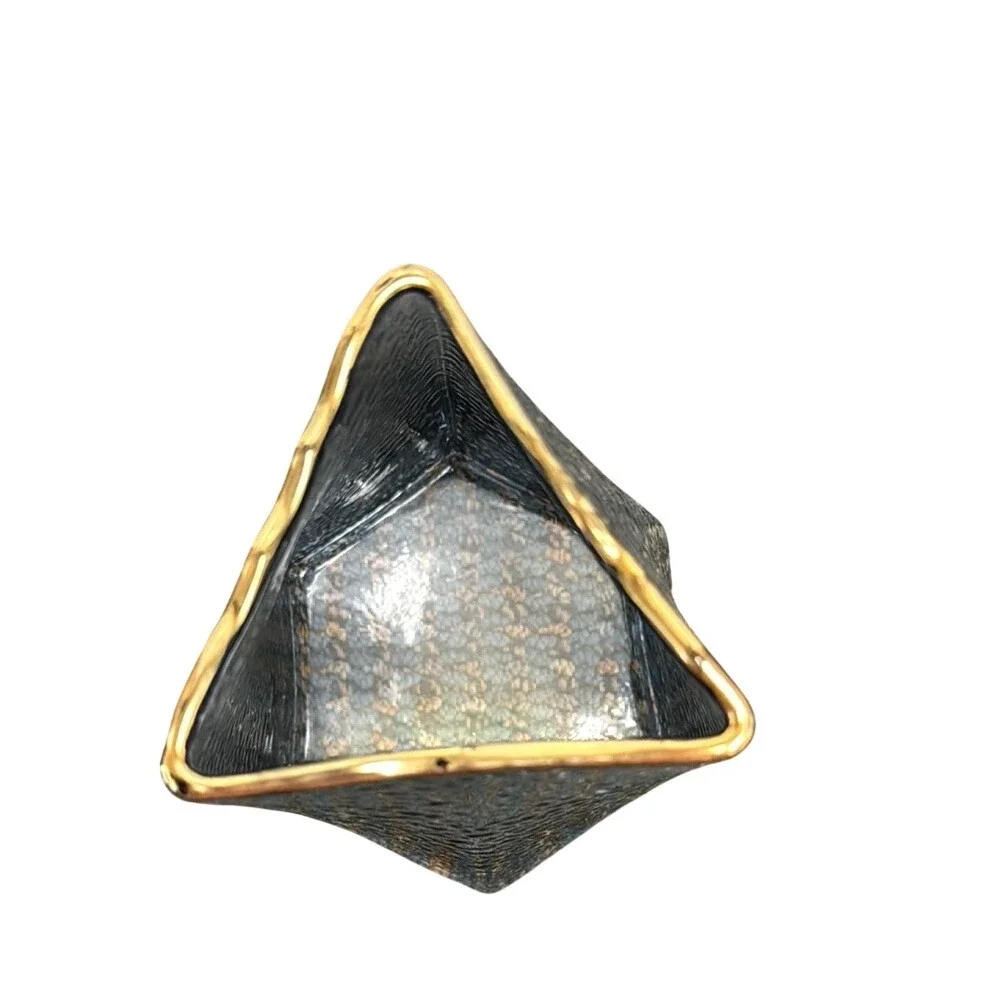 Modern Smoked Blue Hammered Glass Vase Asymmetrical Gold Rim Triangular Hex Base